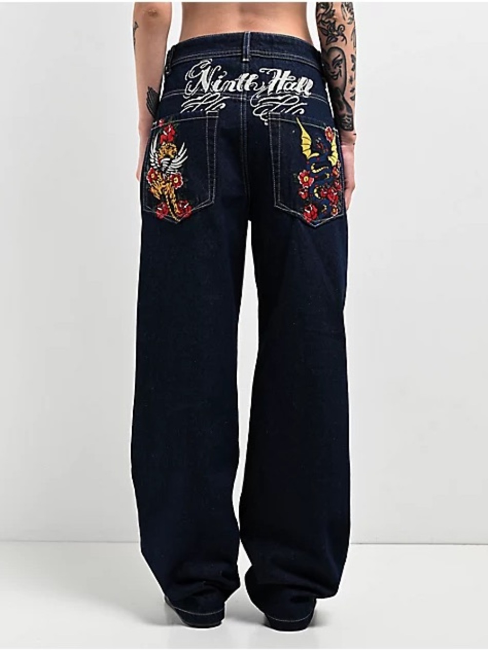 Ninth Idle Hall Y2K Wide Leg Jeans Embroidered Flame Rose Dark Wash Sz 6